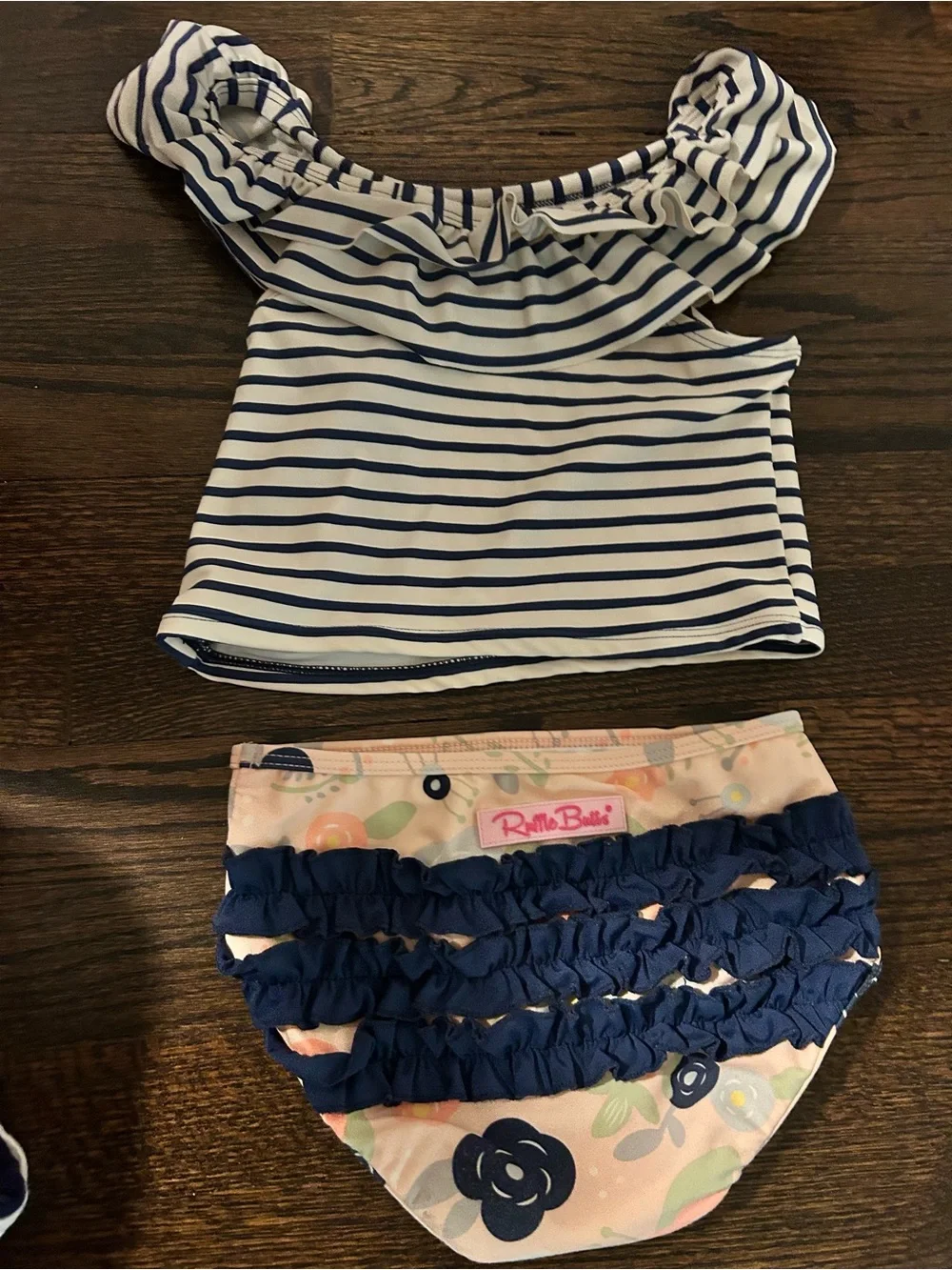 Ruffle Butts!! Girls Two-Piece Ruffle Off-Shoulder Swim Set - Navy & Light Pink